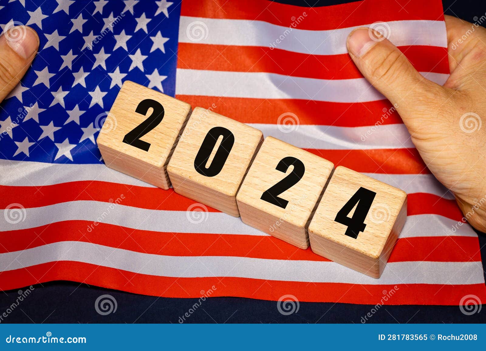 2024, United States, American Flag Held in Hands and Date Blocks
