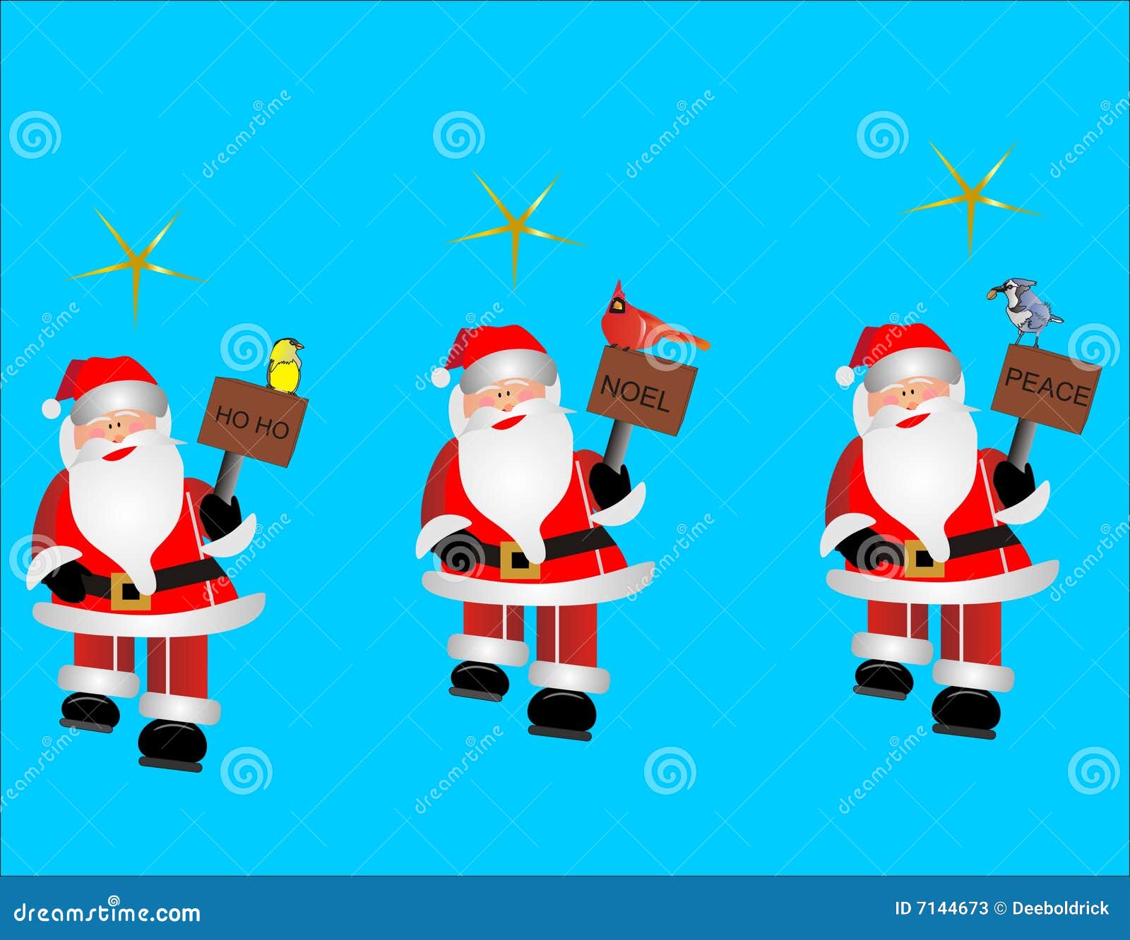 3 Santa clip arts. 3 Santas with birds and signs with different sayings walking along..