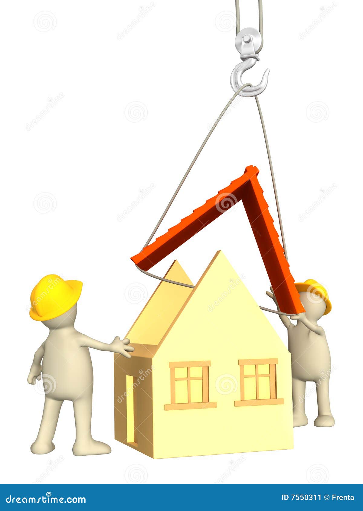 3d Builders Lowering A Roof On A Hook Stock Image Image 7550311