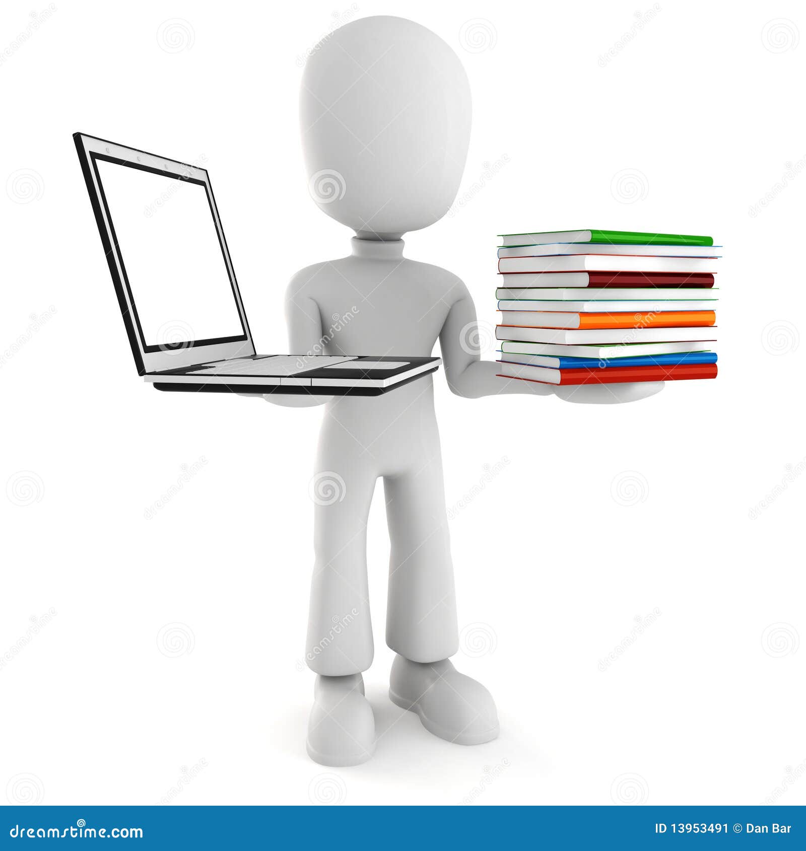 3d man holding a laptopp and books