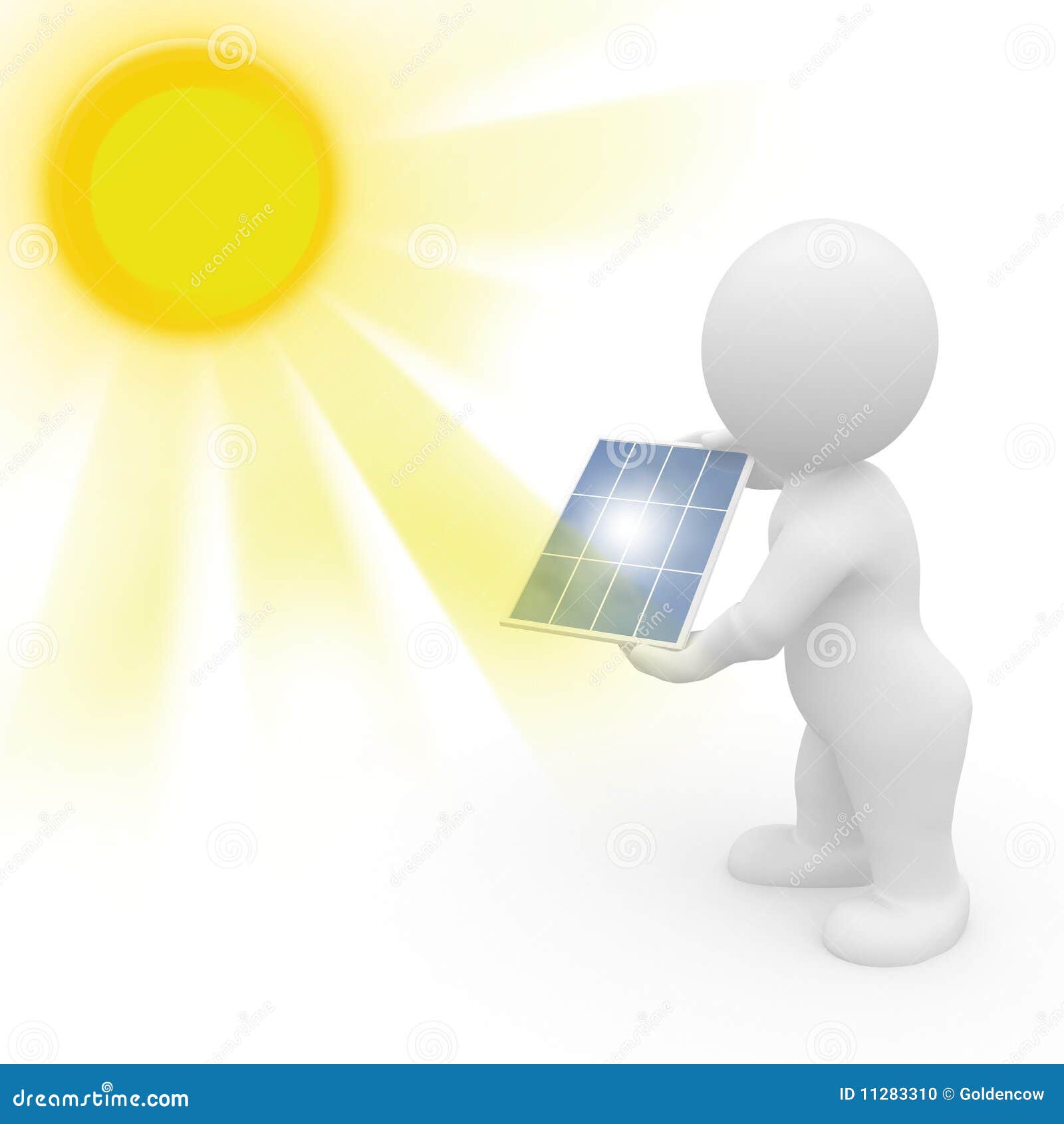 3D man holding solar panel stock illustration. Illustration of power