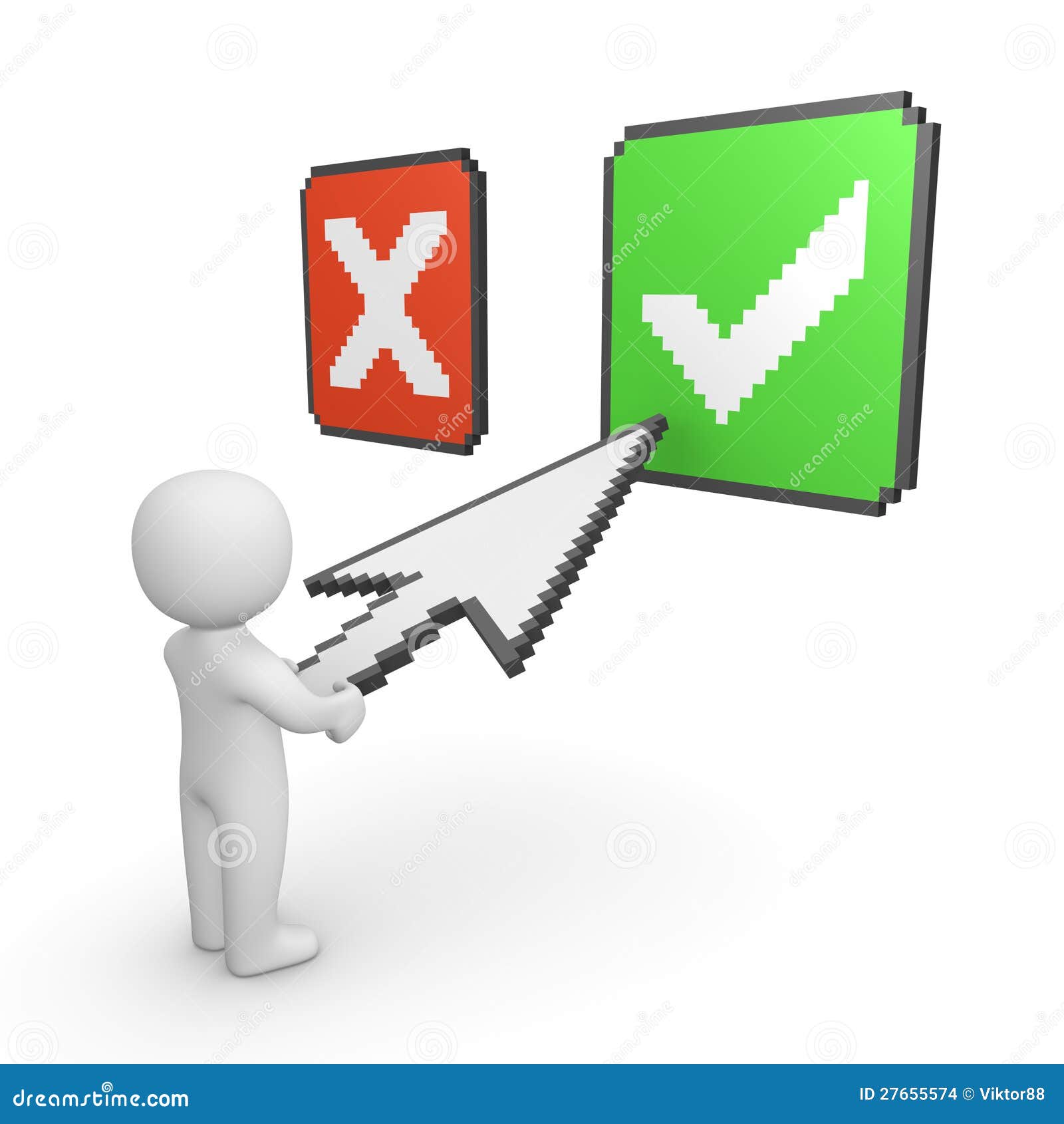 3d man pointing pixelated arrow on check mark