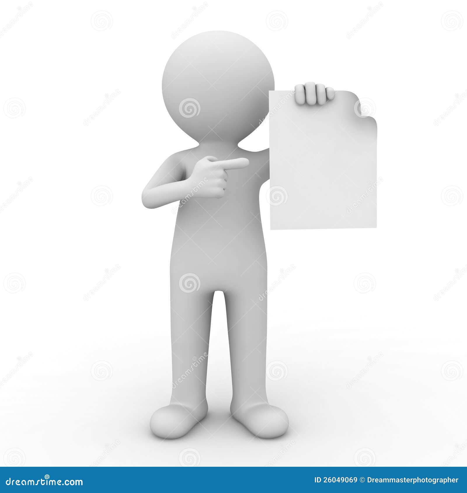 3d man showing blank paper stock illustration. Image of announcement