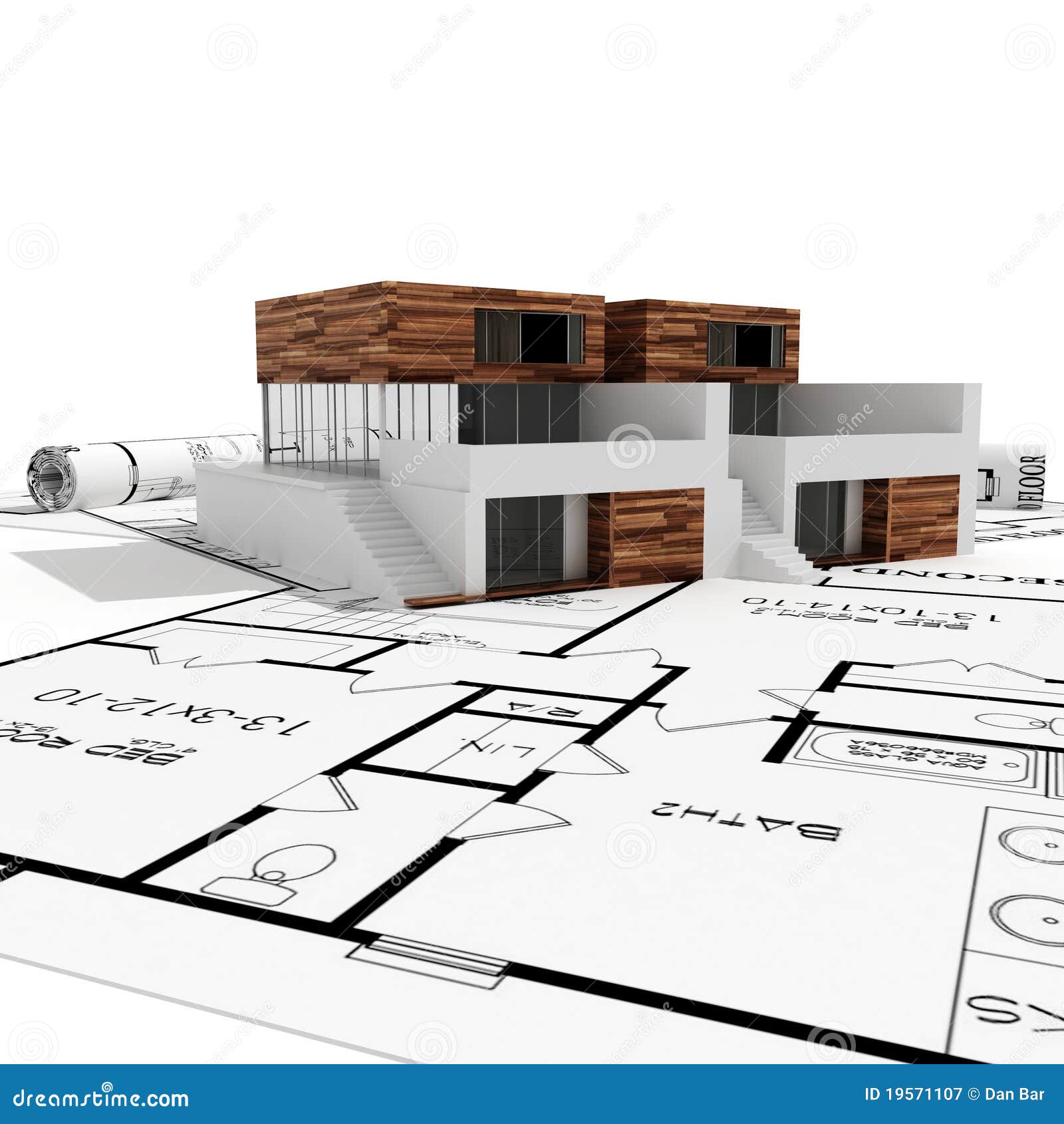 3d Modern House And Blueprints Isolated On White Stock 