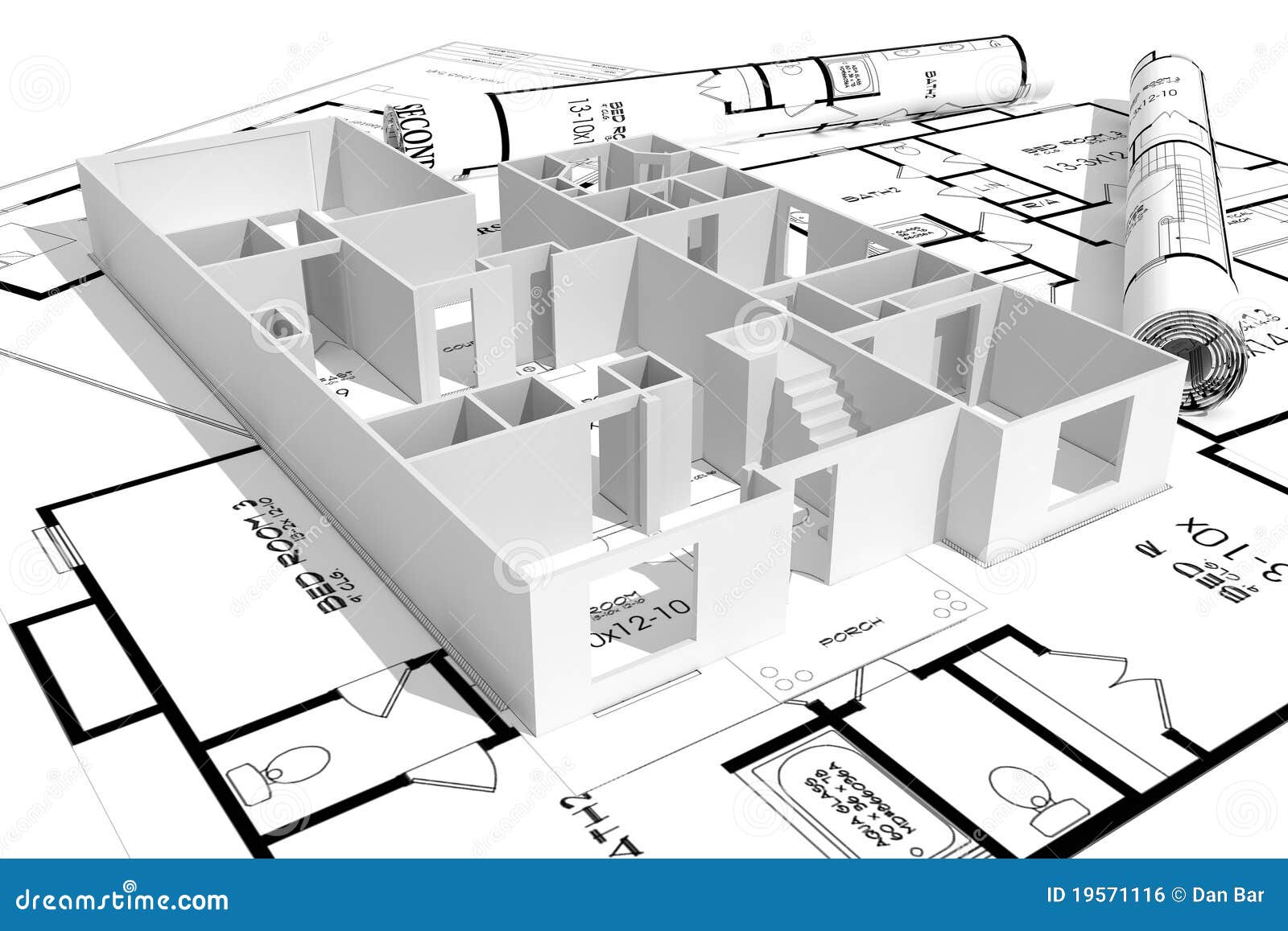 3d Modern House And Blueprints Isolated On White Royalty 
