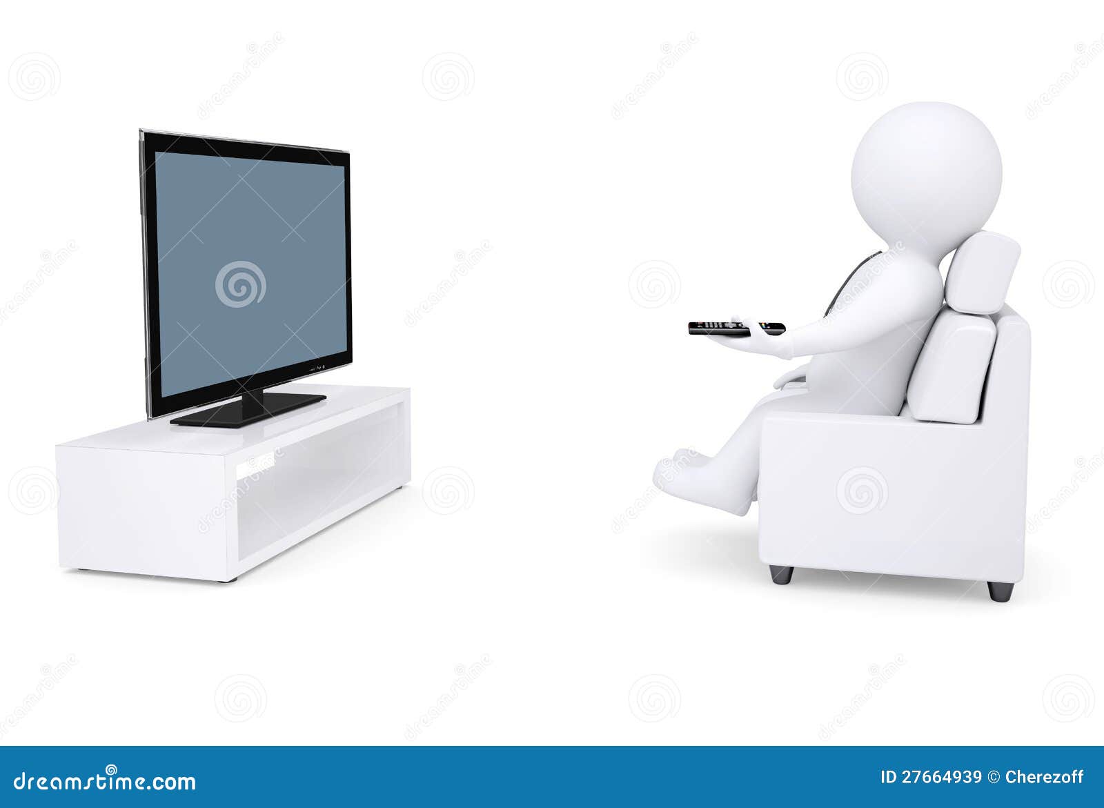 3d White Human Sitting in a Chair and Watching TV Stock Illustration
