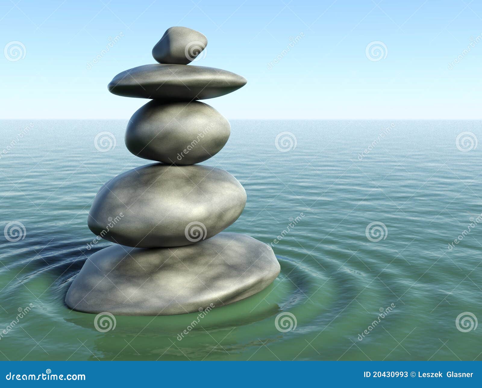 3D rendering of balancing Zen stones in water with blue sky and