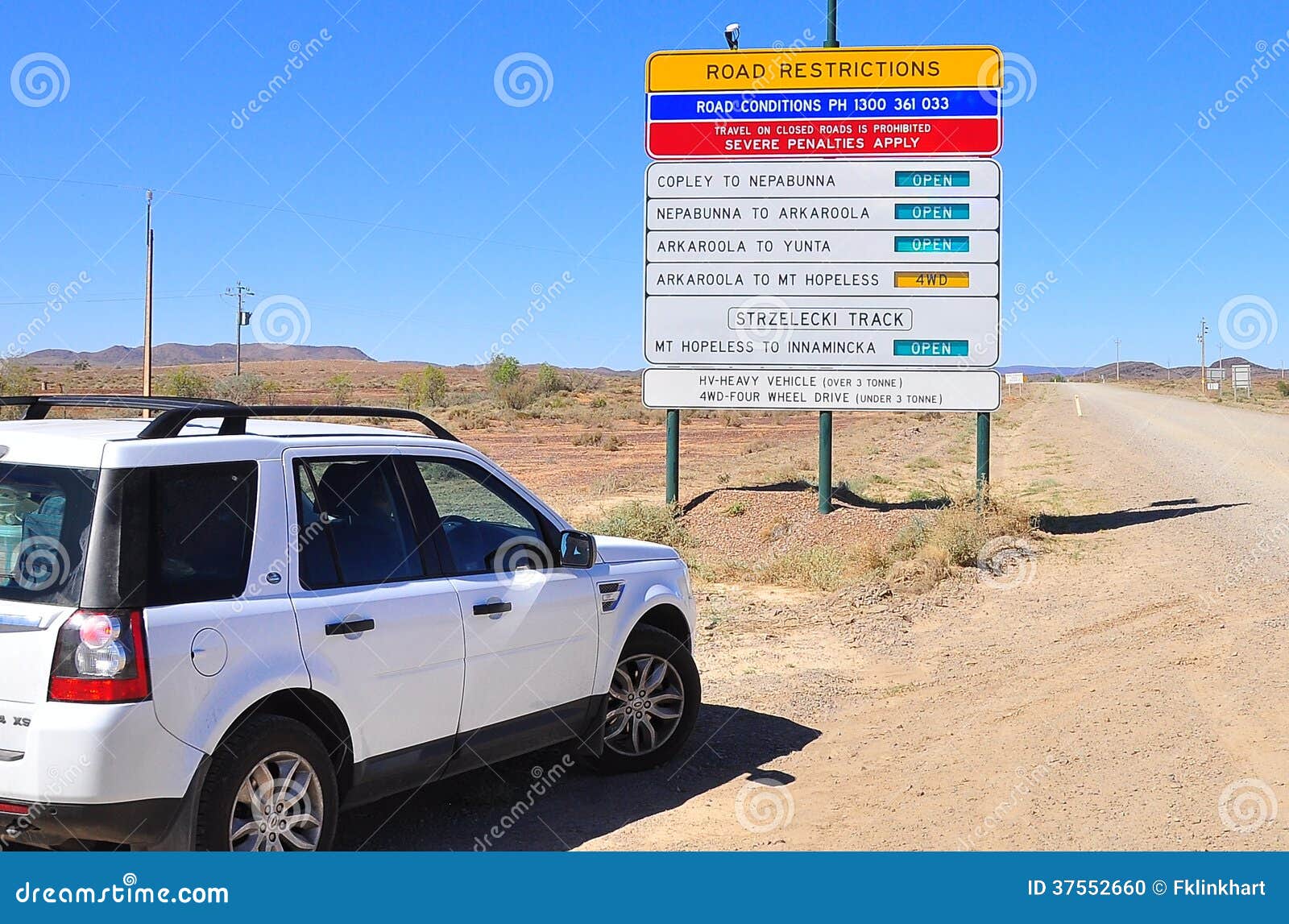 4WD car and road sign editorial image. Image of south 37552660