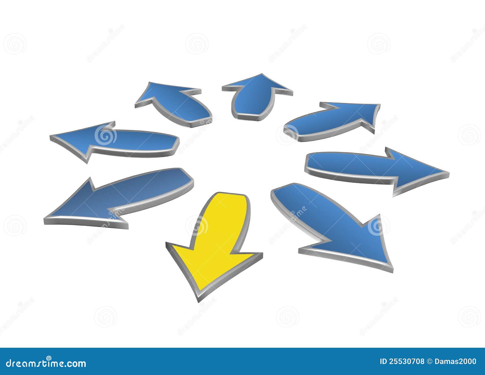 8 blue arrows and one yellow, isolated on a white backgrounds