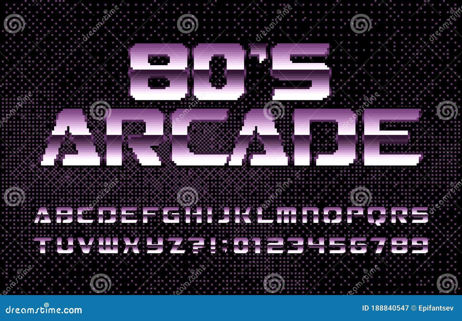 Retro style arcade games font. 80s video game alphabet letters and numbers  royalty free illustration