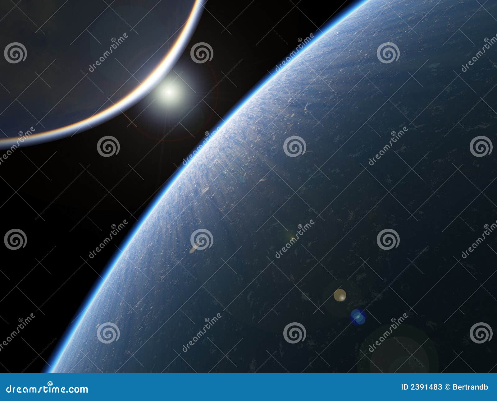 Aarde-als planeet van ruimte. De zon neemt op een aarde-als planeet en zijn maan toe die met een gloeiende atmosfeer wordt begiftigd