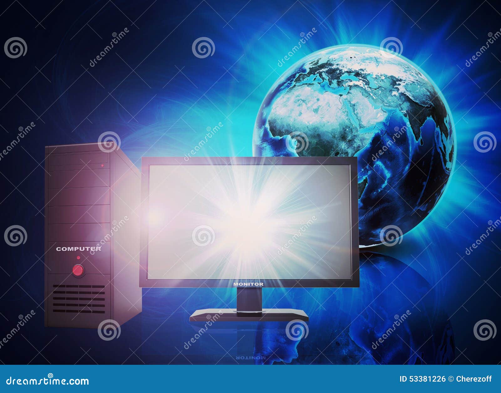 Aarde op abstracte blauwe achtergrond met PC-computer. Aarde en gloed op abstracte blauwe achtergrond met PC-computer Elementen van dit die beeld door NASA wordt geleverd