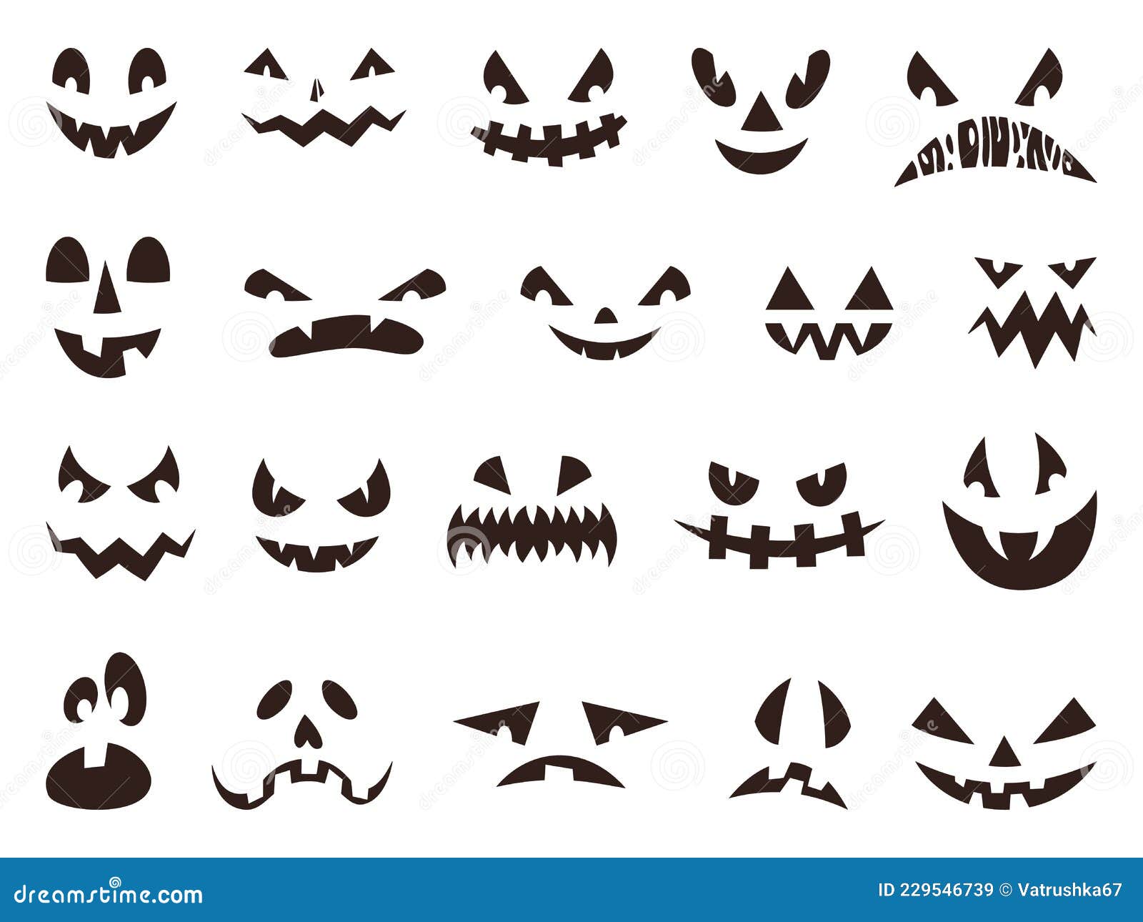 Rostos assustadores de halloween rosto sorridente abóbora de halloween ou  desenho fantasma sorriso assustador olhos negros isolados e bocas máscaras  de férias conjunto de vetores berrante