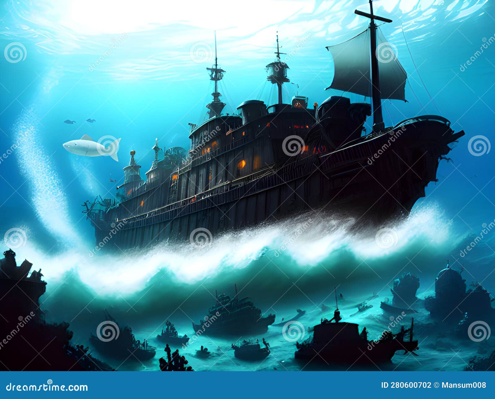 Abandoned Boat at the Bottom of the Sea, AI Generated Stock