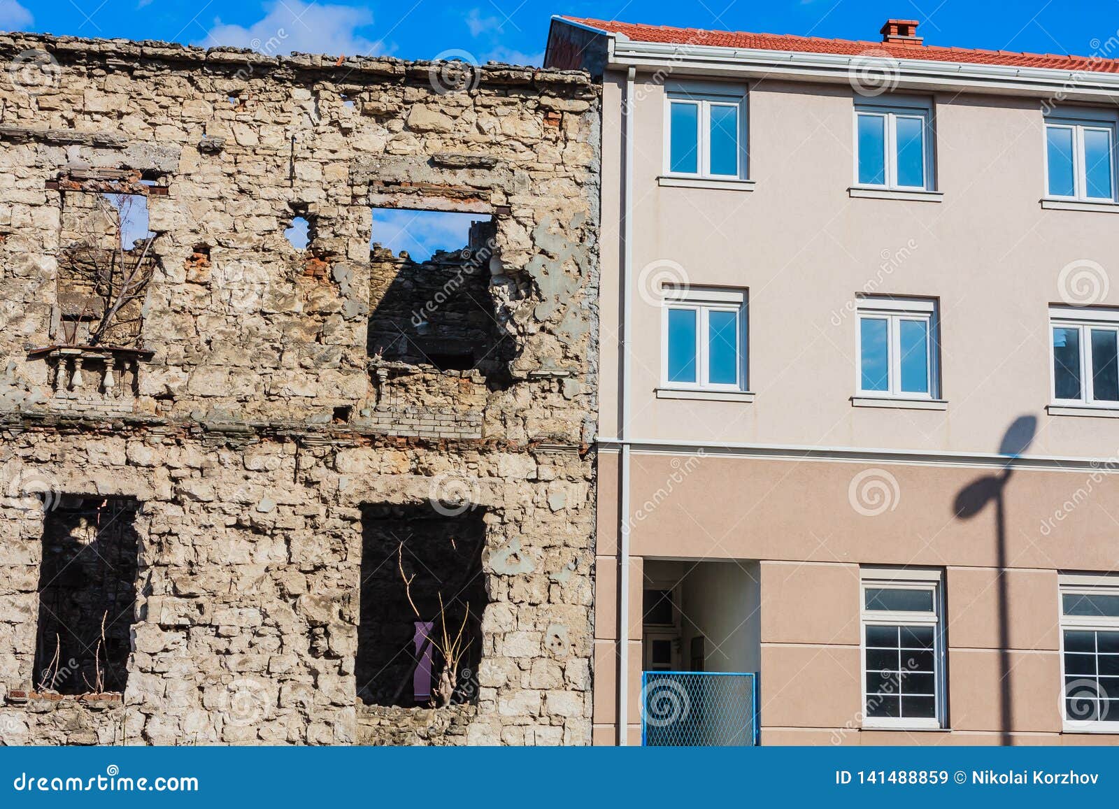 abandoned building, detroyed during bosnian war at bulevar street in mostar city, bosnia and herzegovina