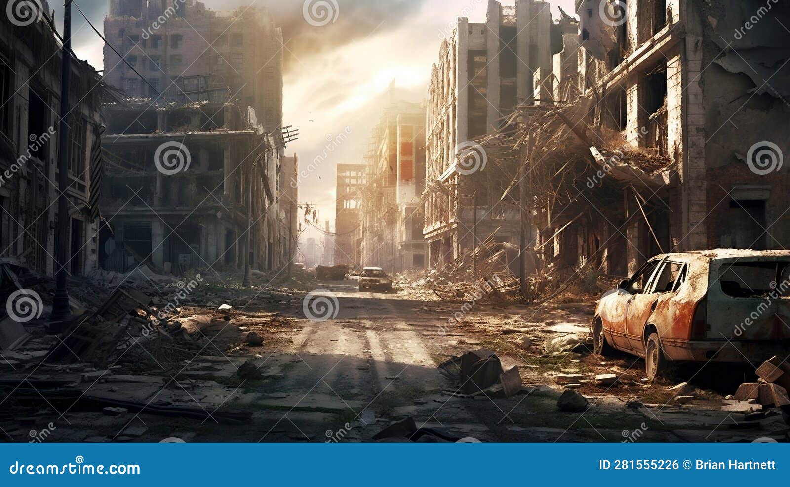 An Abandoned City Block with a Destroyed Car on the Right, Generative ...