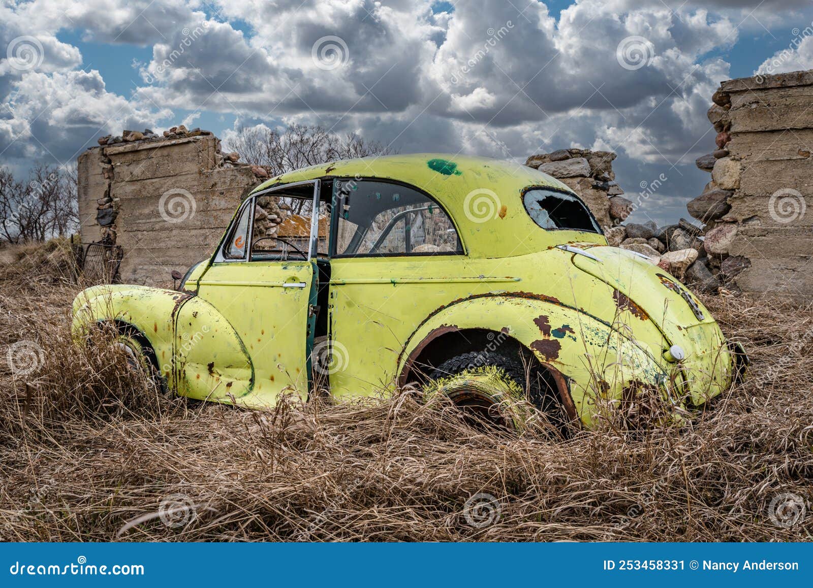 An Abandoned Classic Yellow Car in Saskatchewan Stock Image Image of