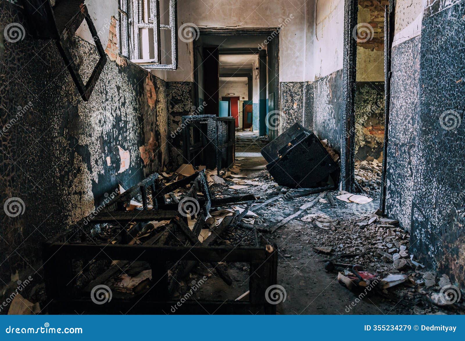 abandoned corridor with charred debris, burnt walls, broken window frames, and scattered remnants inside ravaged