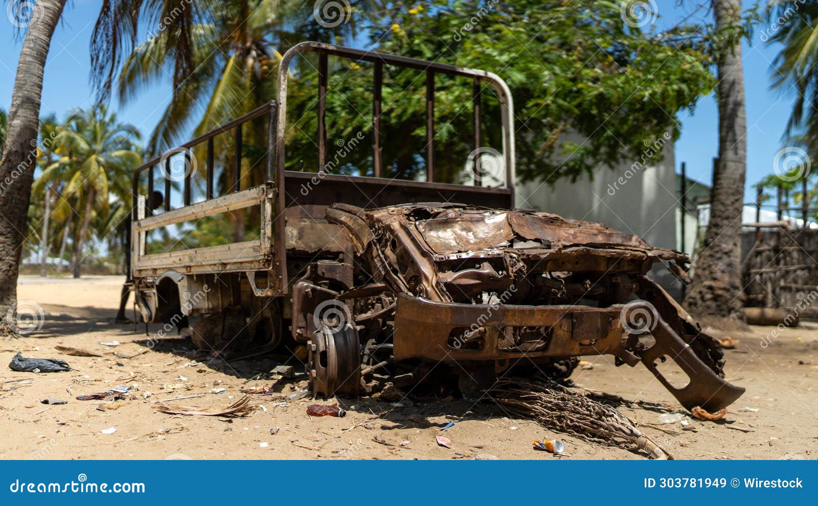 abandoned and destroyed car in mocimboa da praia in cabo delgado, mozambique