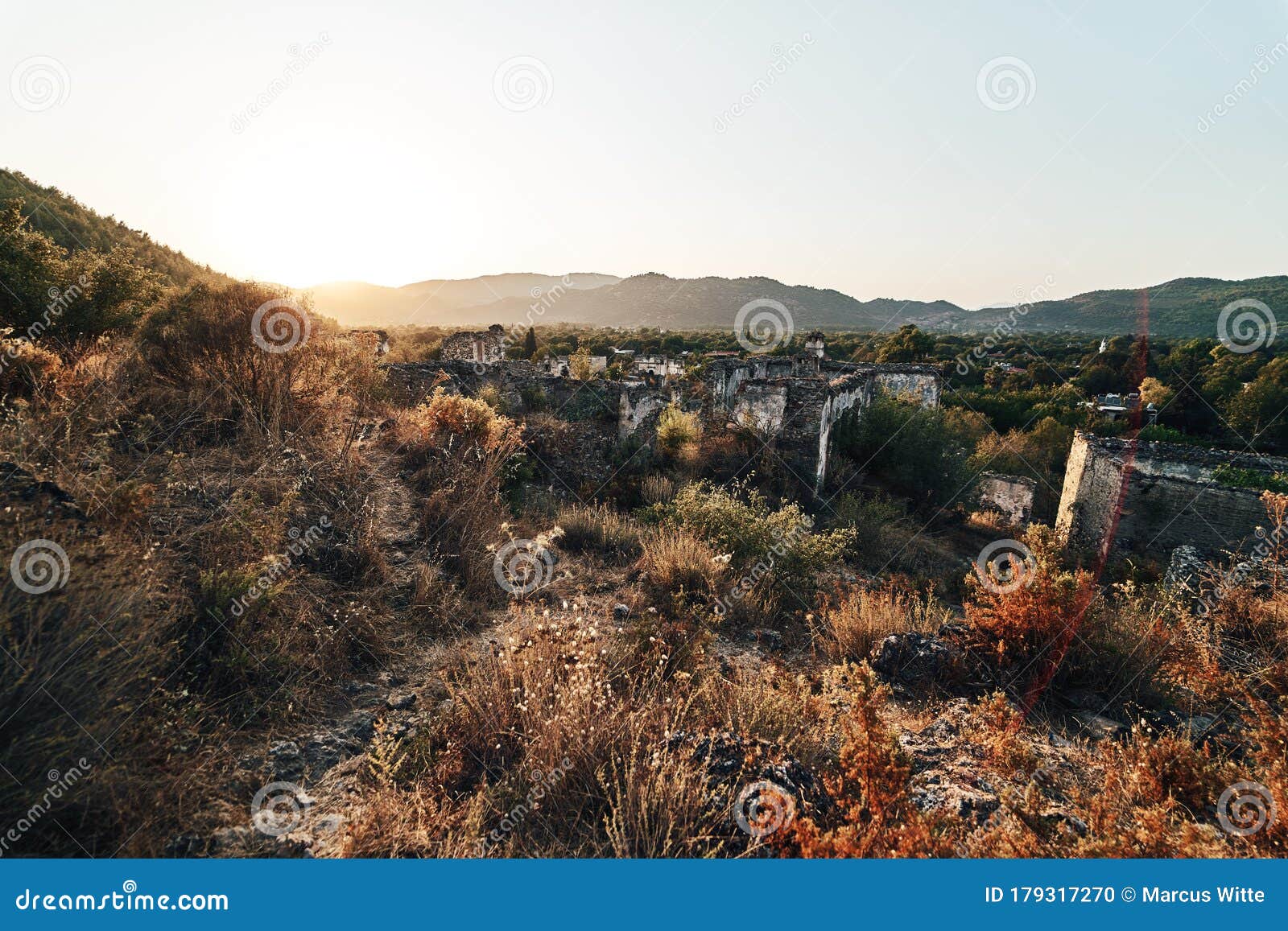 the abandoned greek village of kayakoy, fethiye, turkey. ghost town kayakoy. turkey, evening sun. ancient abandoned