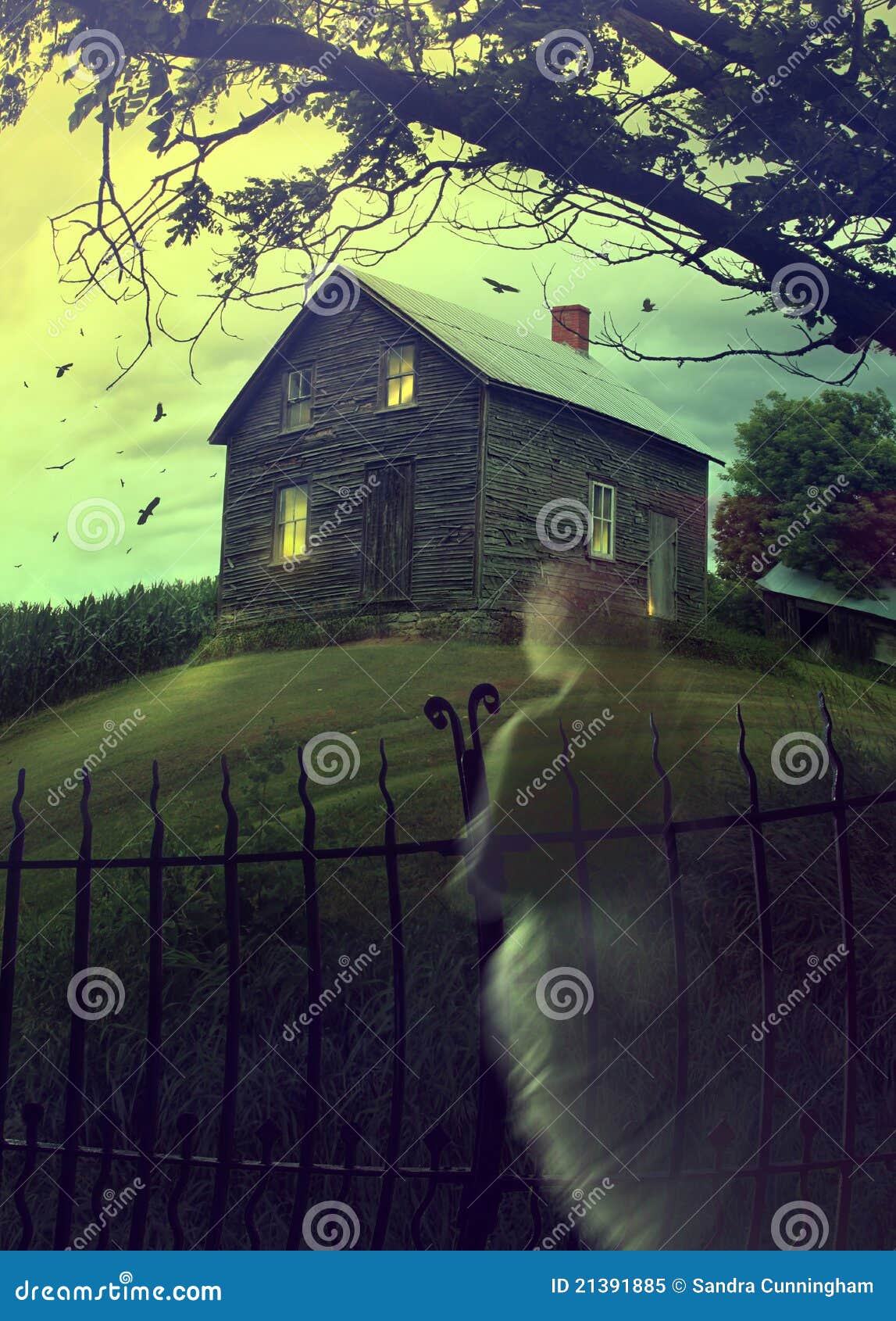 Abandoned Haunted House on the Hill with Ghost Stock Image Image of