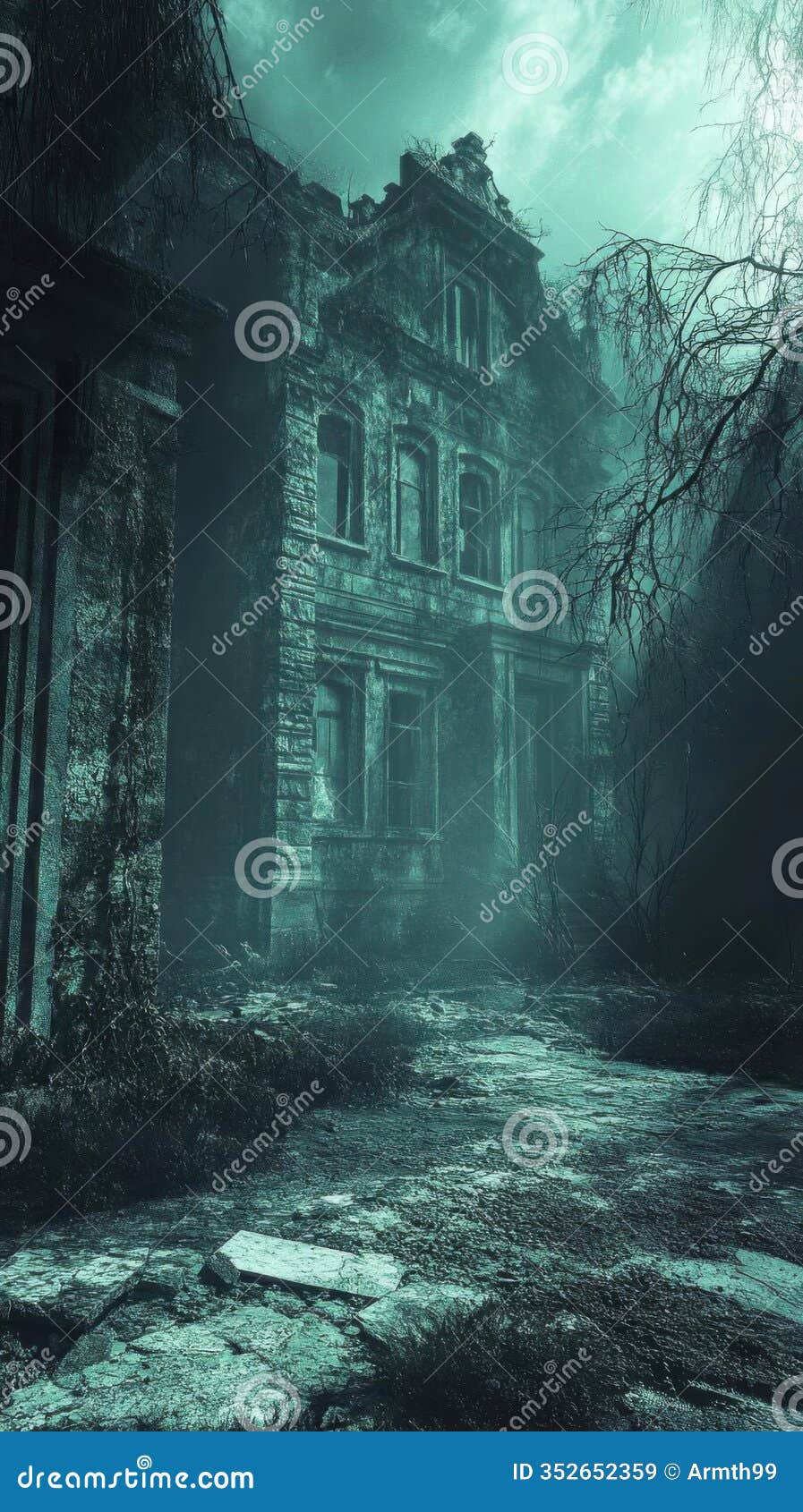 abandoned house stands in fog with overgrown path, eerie atmosphere and decay theme