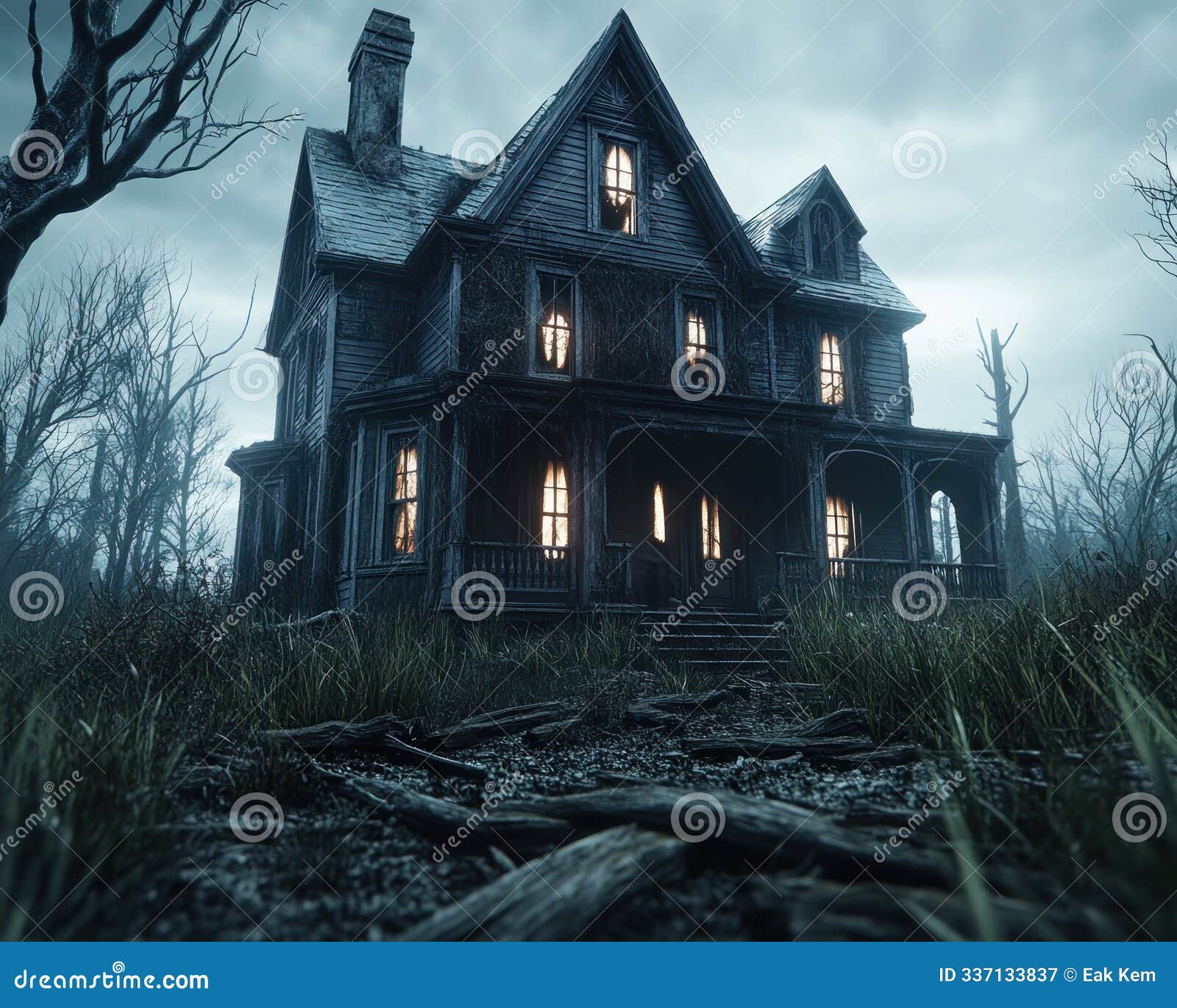 eerie haunted house bathed in supernatural light, mist swirling around decrepit windows, spooky mansion, abandoned building,