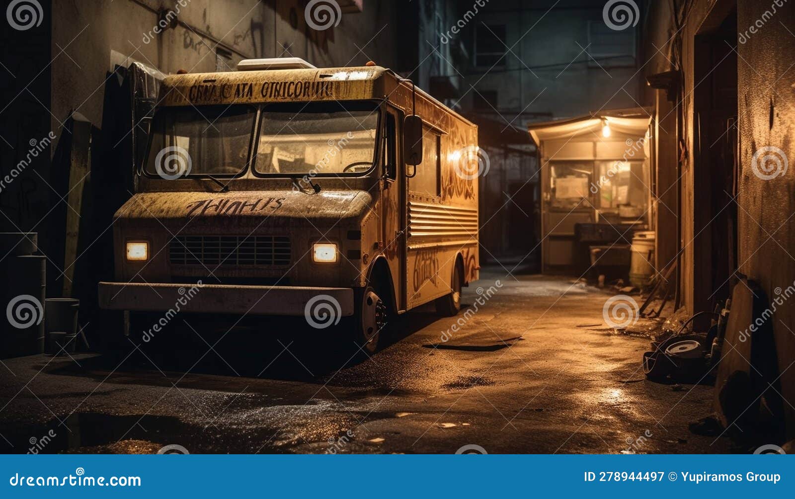 Abandoned Old Fire Engine, Rusty and Broken, in Dark Warehouse