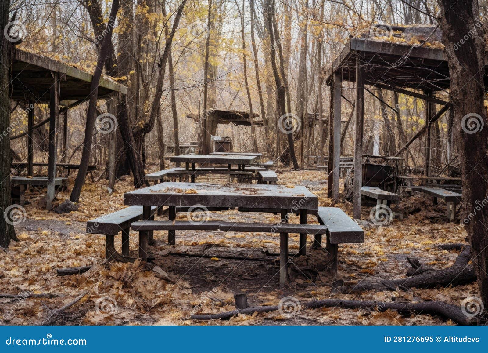 Abandoned Picnic Area with Decaying Benches and Tables Stock