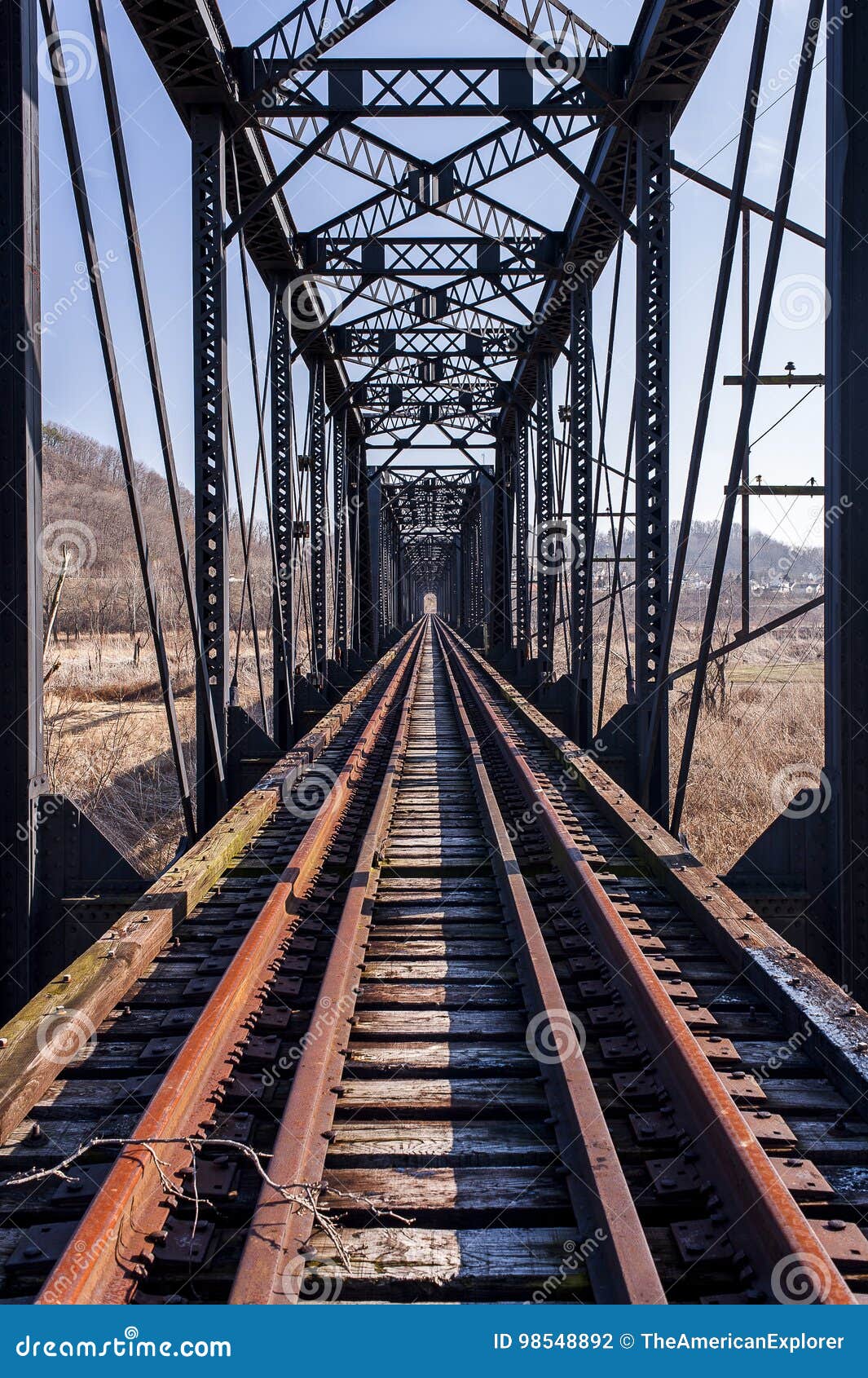 abandoned pratt through truss railroad bridge - track view
