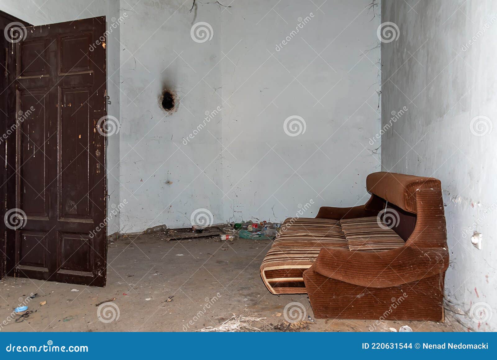 Abandoned Ruin House an Empty Bed. Abandoned Bedroom Stock Photo
