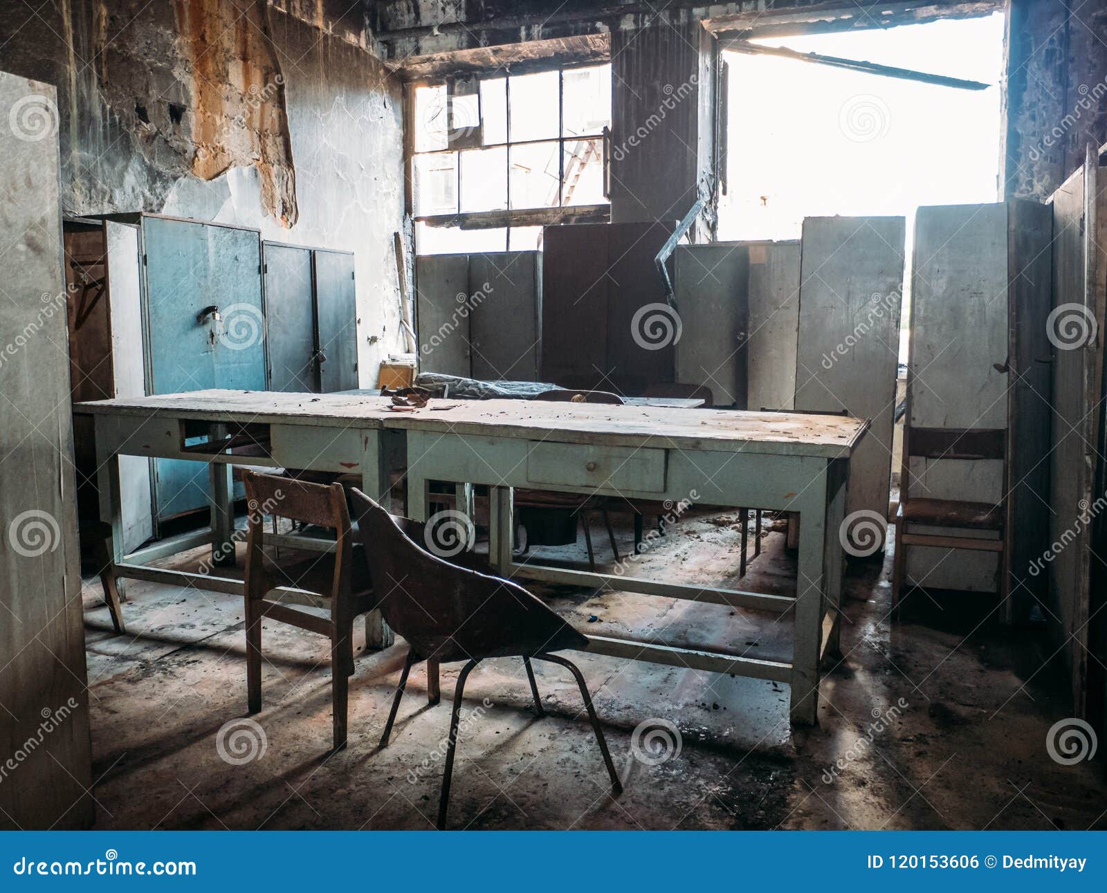 abandoned ruined house with furniture after war or disaster, old building inside interior