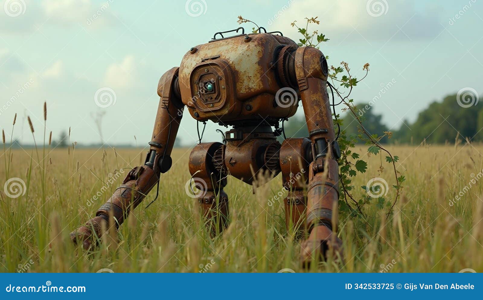 abandoned rusty robot in grass vines reclaiming