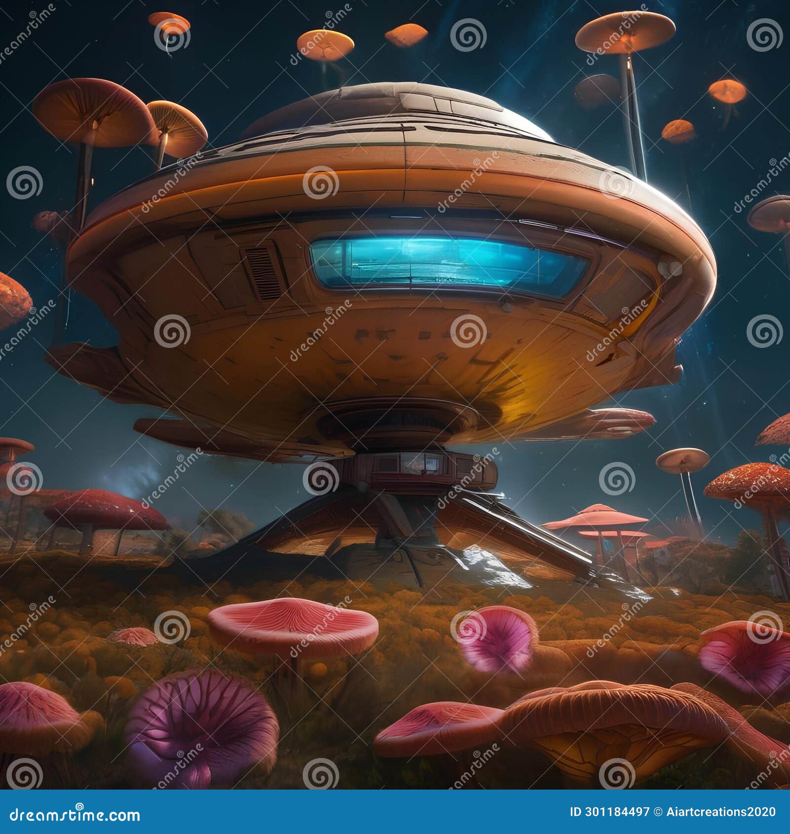 an abandoned spacecraft covered in vibrant, luminescent fungi, floating through space1