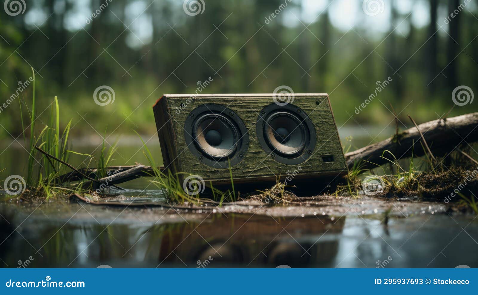 abandoned speaker in the swamp adventure-themed vray tracing art