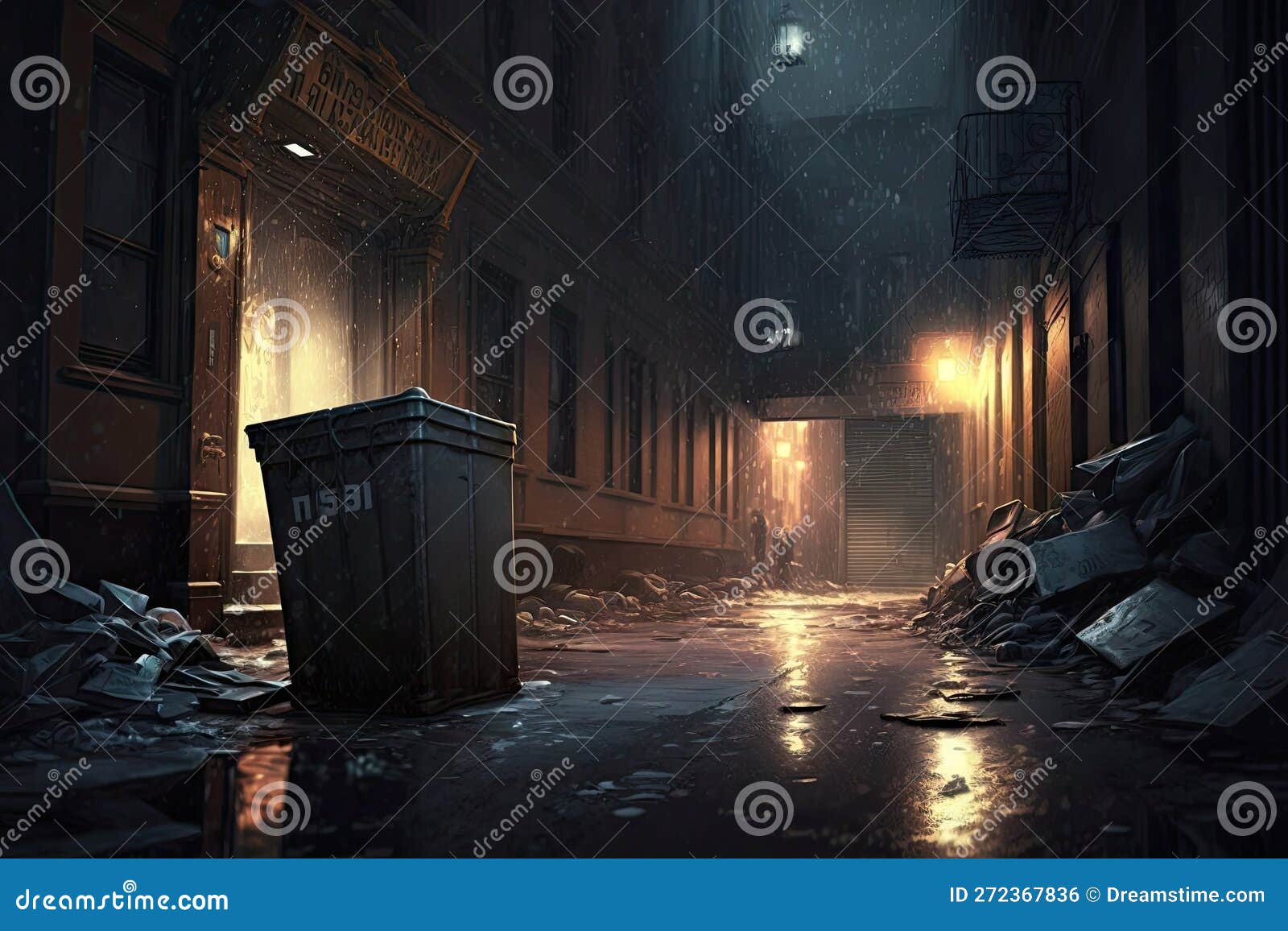 Abandoned Street in Middle of Night and Pouring Trash Bin Overflowing Garbage Stock Photo