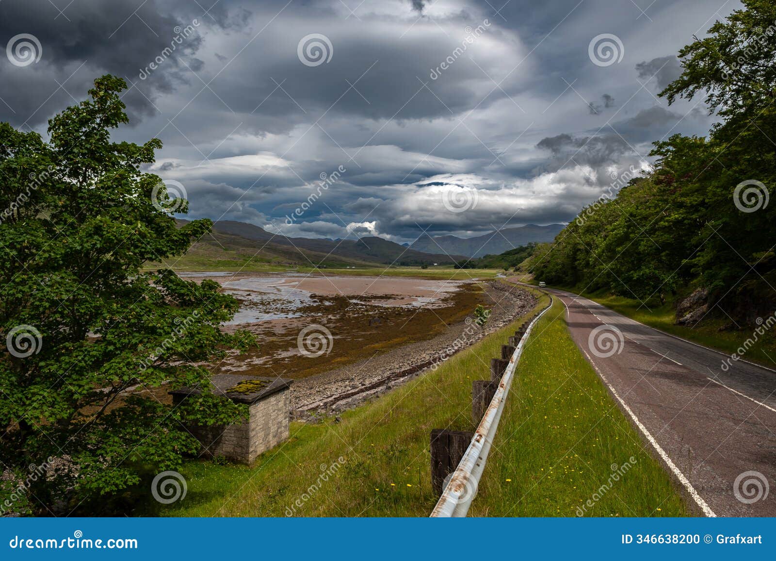 abandoned street to applecross pass with river allt a'chumhaing in scotland