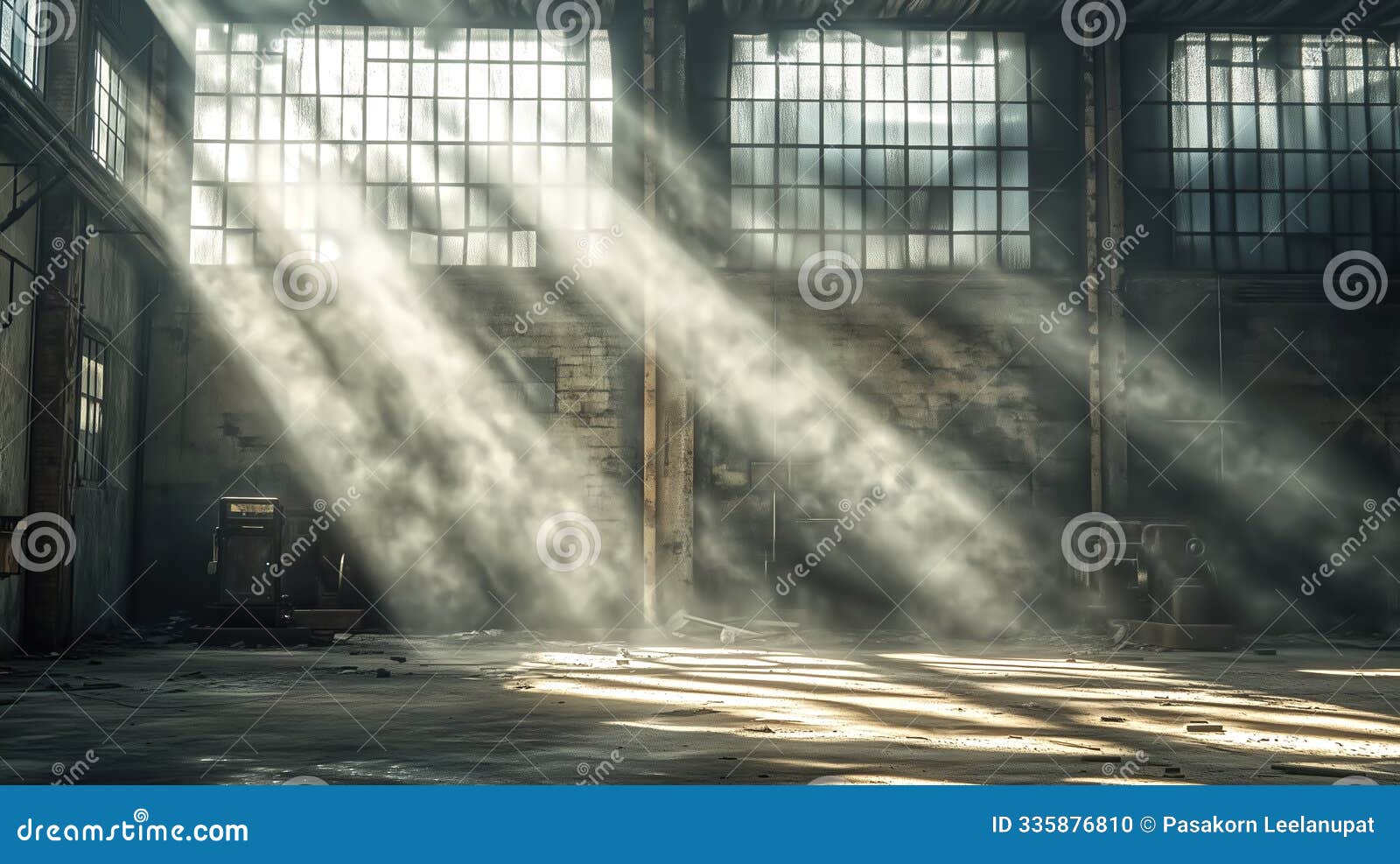 an abandoned warehouse with light streaming in through broken wi