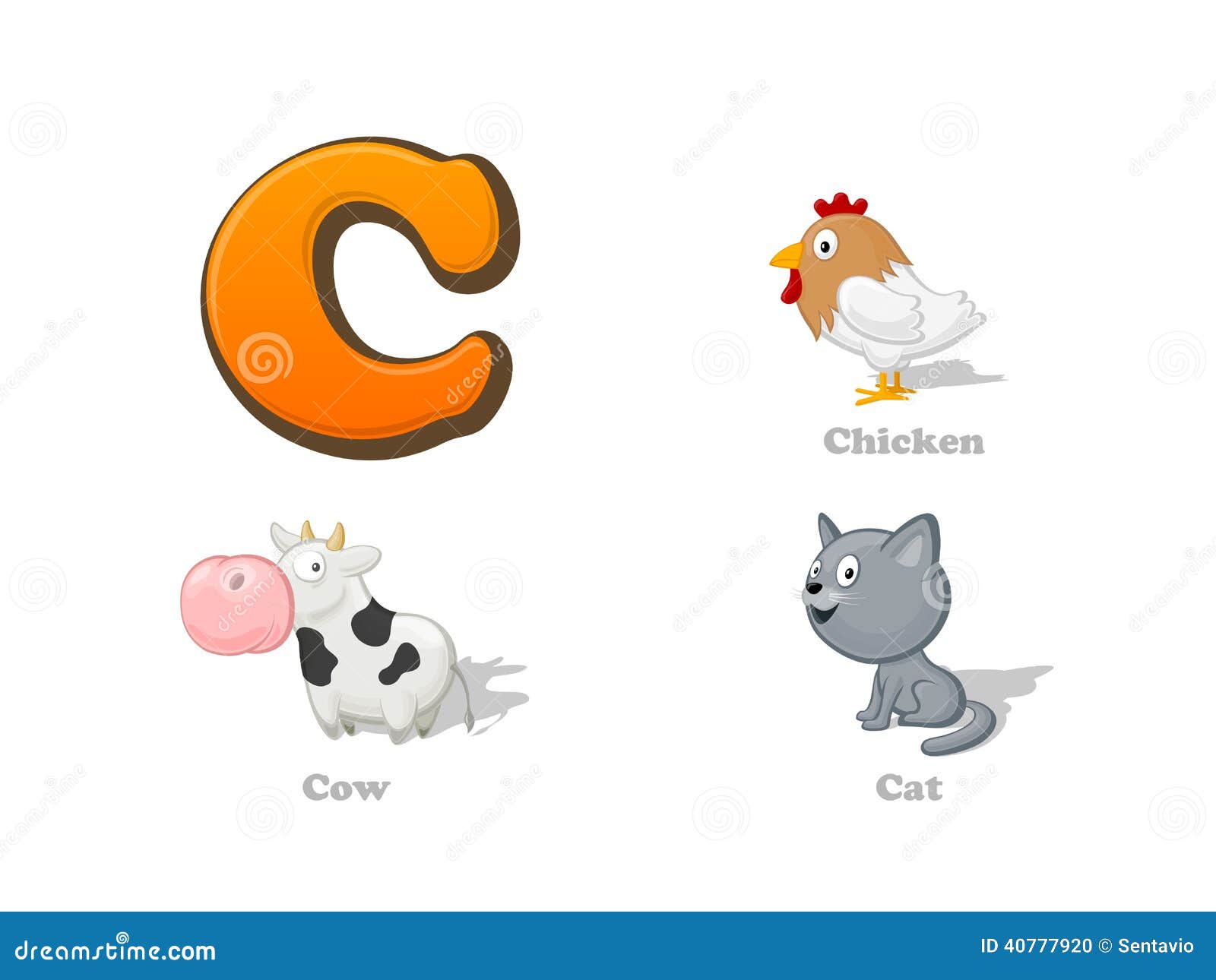 ABC Letter C Funny Kid Icons Set: Chicken, Cow, Cat Stock Vector ...