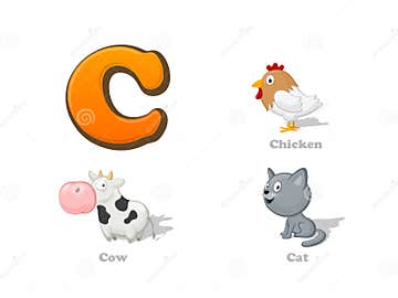 ABC Letter C Funny Kid Icons Set: Chicken, Cow, Cat Stock Vector ...