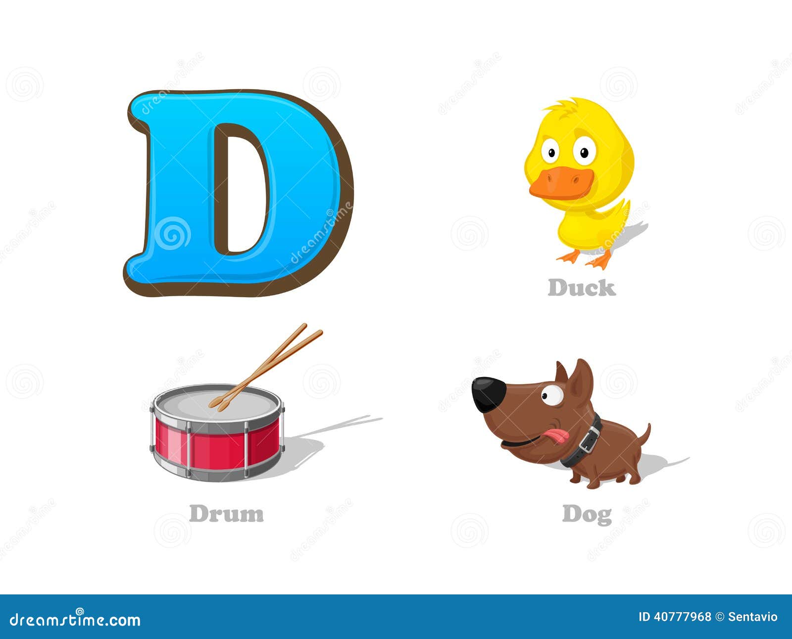 ABC Letter D Funny Kid Icons Set: Duck, Drum, Dog Stock Vector - Image ...