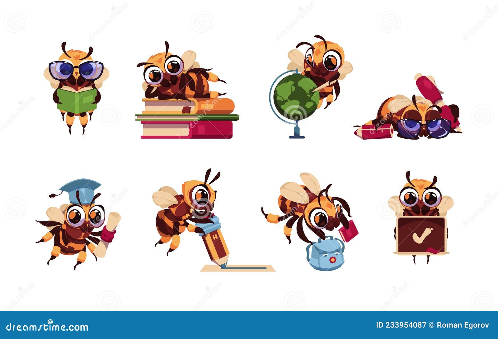 Abeille. Mascotte Mignonne Pour Enfants Avec Fournitures Scolaires. Abeille  De Miel Portant Des Lunettes Et Tenant Un Stylo Ou Un Illustration de  Vecteur - Illustration du dessin, animal: 233954087