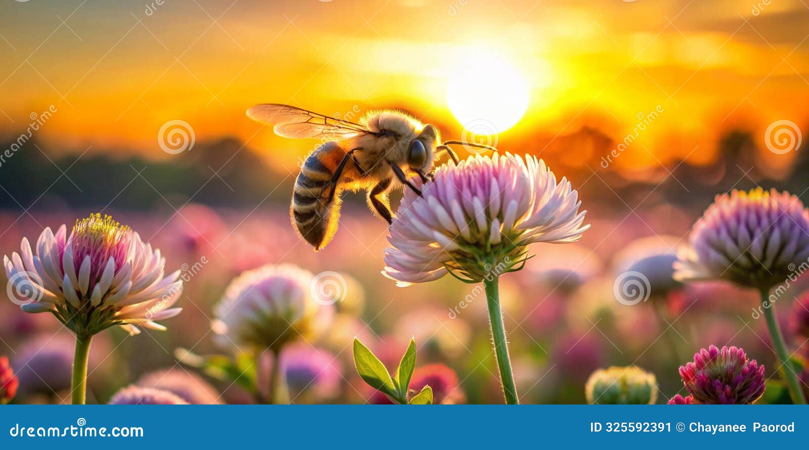 abeja polinizando al atardecer en un campo de flores ai generative