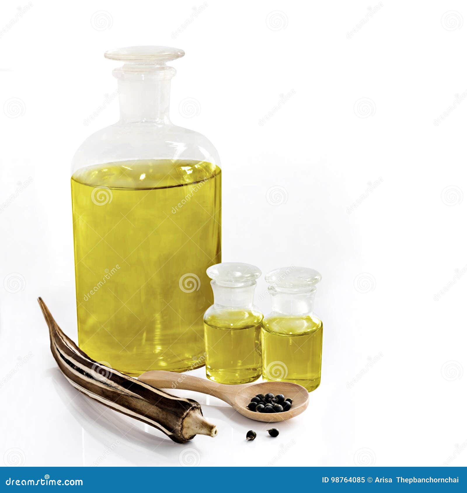 Abelmoschus Esculentus / Okra Seed and Oil on a White B Stock Image