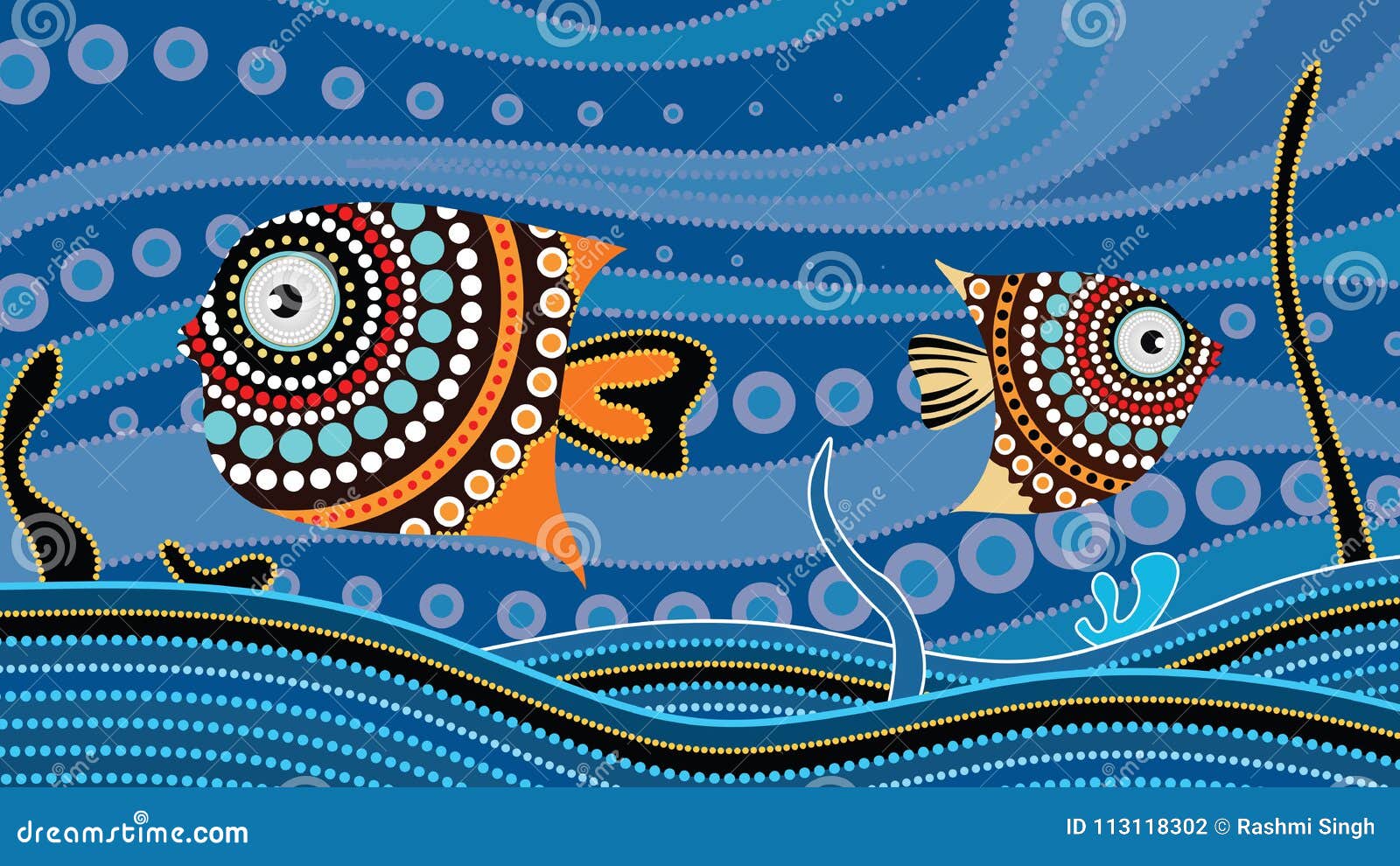 Aboriginal Dot Art Painting with Fish. Underwater Concept