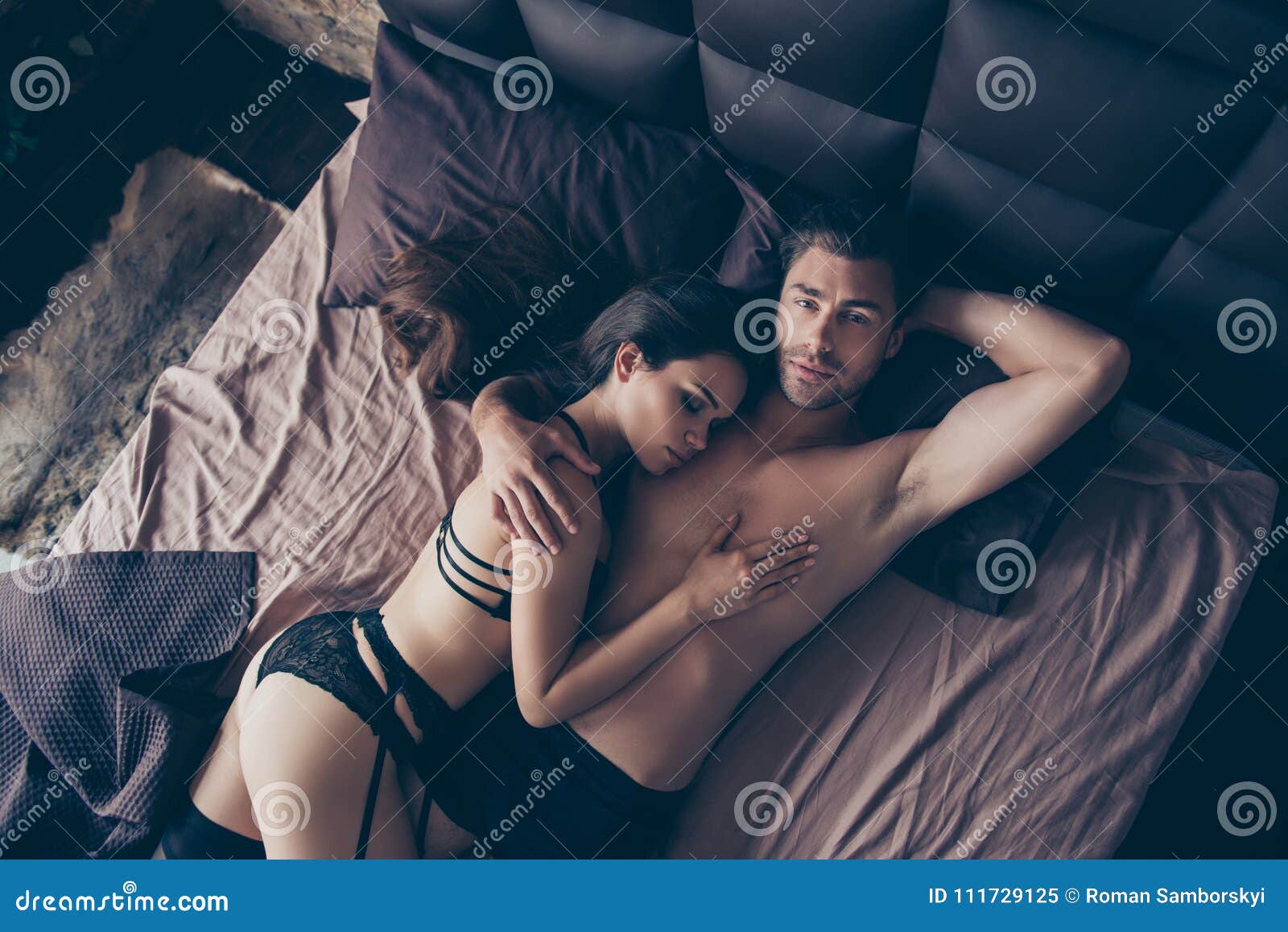 Above Top-view of Beautiful Half Naked Married Partners Brunets Stock Image  photo