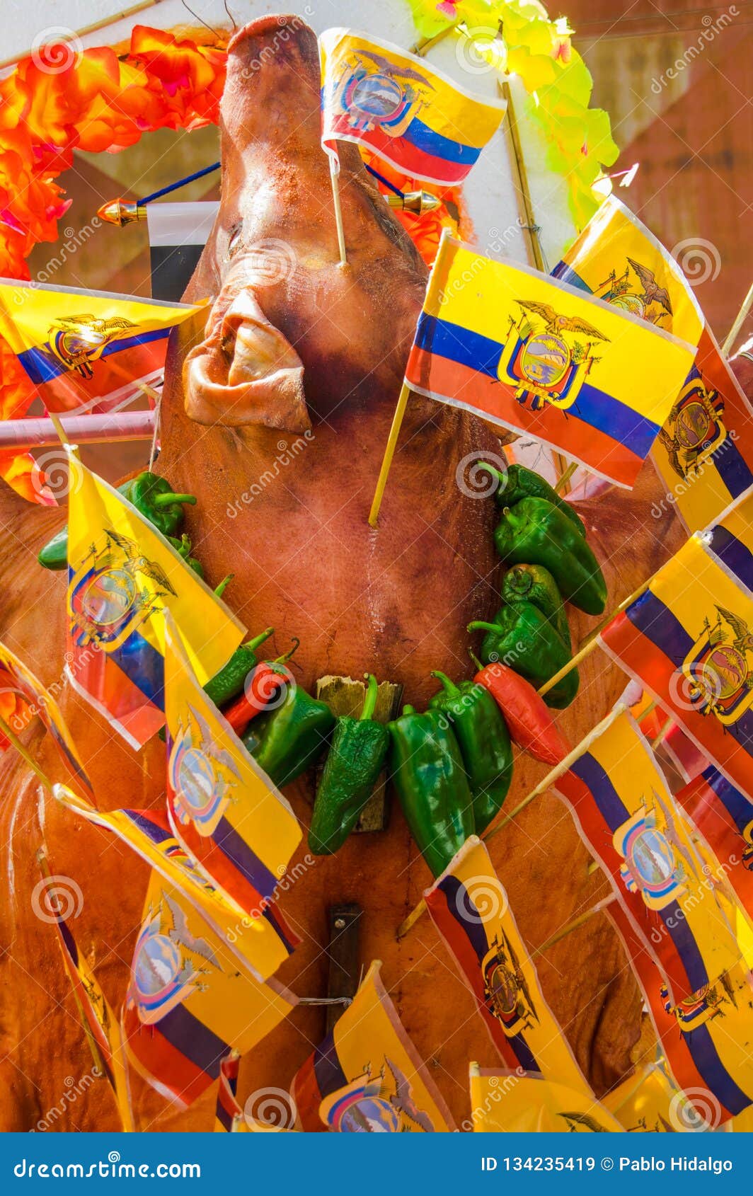 above view of roaste pig body with ecuadorian flags around the body and gorgeous peppers around the neck - ecuadorian