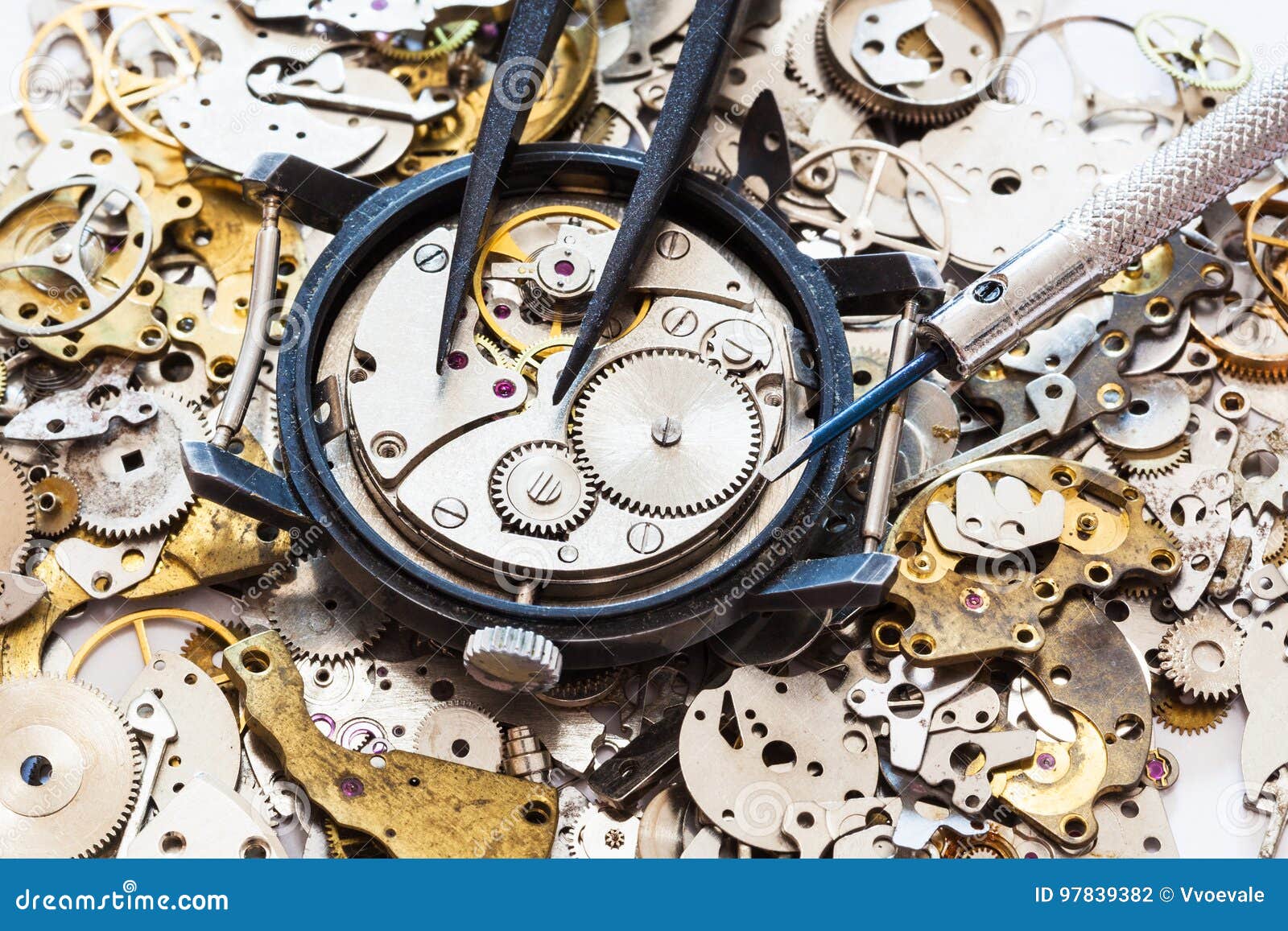 Above View of Tools on Open Watch on Spare Parts Stock Photo Image of