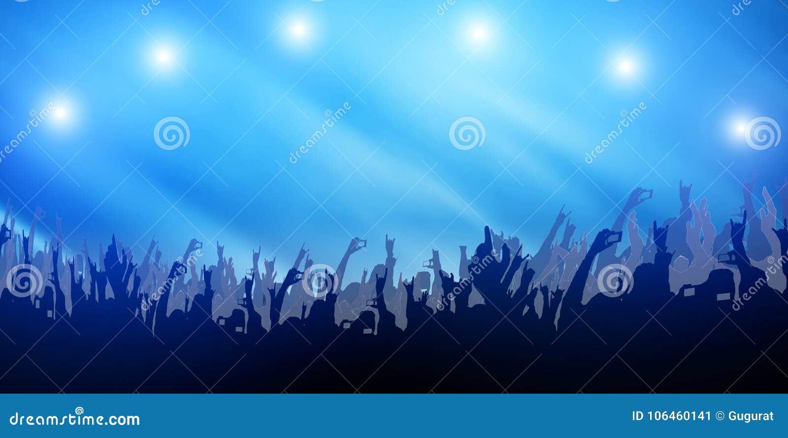 Background Music and Events. Mains agitées, la foule danse avec la musique,  éclairage violet et bleu. Ambiance de fête durant un Festival et Concert de  Musique. Stock Photo