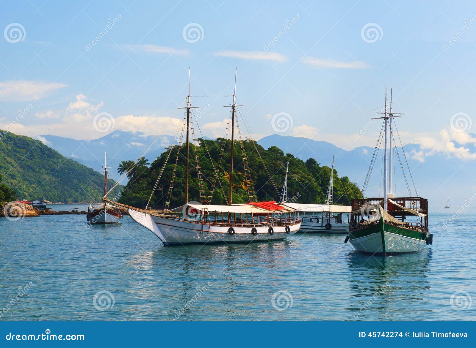 abraao beach boat near island ilha grande, rio de janeiro, brazil